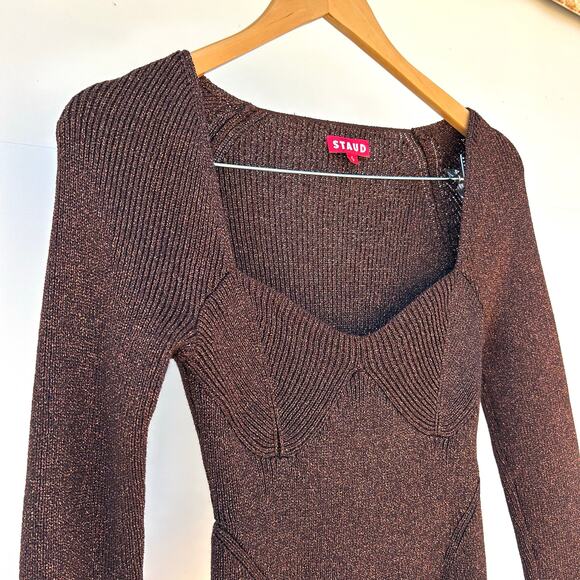 STAUD Cerro Knit Metallic Top Bustier Long Sleeve Bronze Small Cropped Shirt - Picture 5 of 8